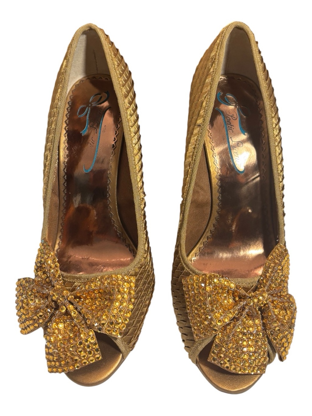 Poetic License Gold Crystal Bow Peep-Toe Heels